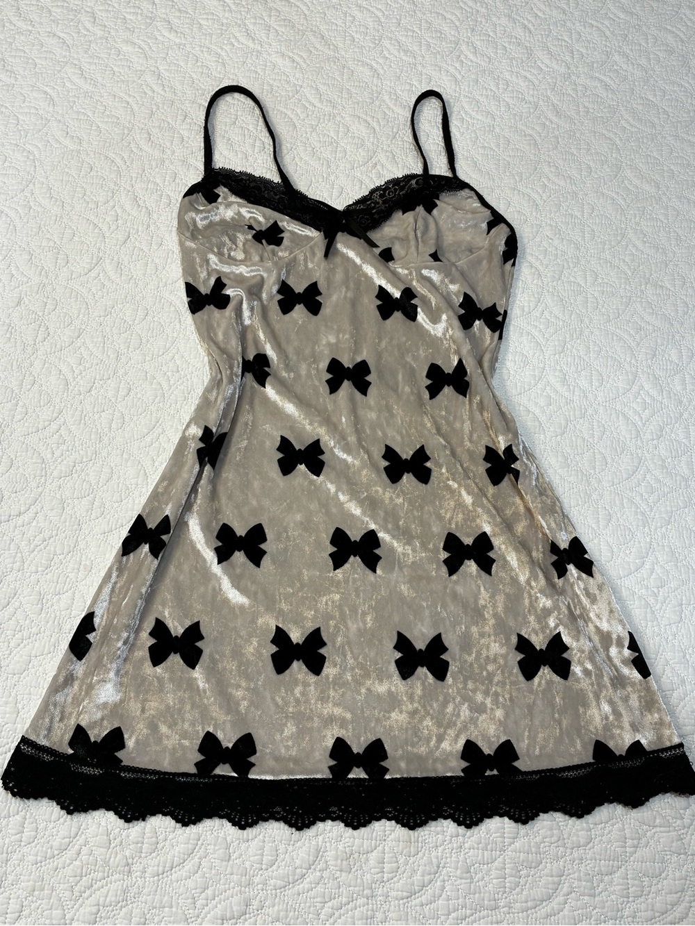 Crushed Velvet Bow Print Slip Dress Lace Trim Mini Nightgown Coquette Small